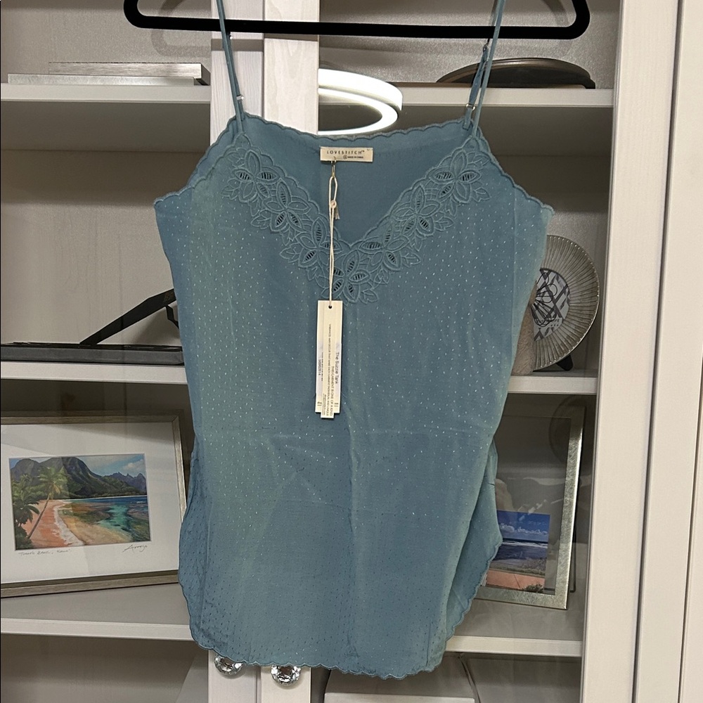 LoveShackFancy Dusty Blue Embroidered Lace-Trim Camisole